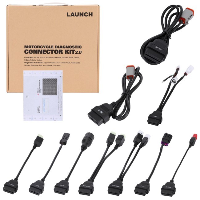 Cutia Launch Motorcycle Diagnostic Connector Kit 2.0 cu plicul de activare și conectorii de diagnoză pentru mărcile de motociclete