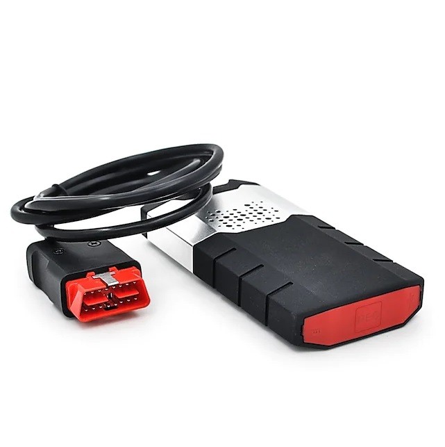 Interfață de diagnoză cu carcasă roșie și conector OBD-II integrat pe 16 pini