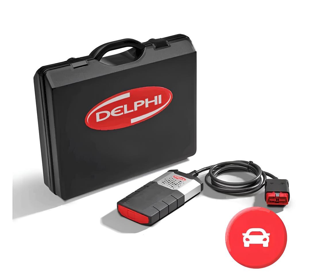 Interfața de diagnoză cuplată în priza OBD-II a unui vehicul, cu laptopul alături