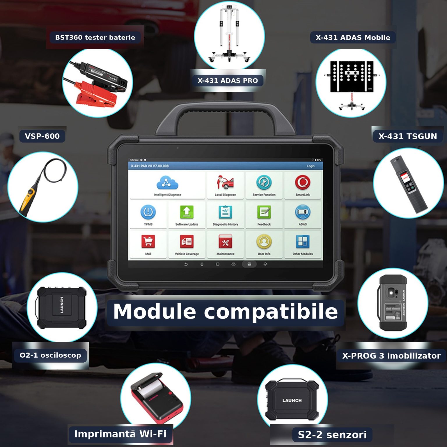 Tester diagnoză Launch X431 PAD 7 Elite, cu ecran de 13,3 inch 5 Extensii pentru Launch X431 PAD 7 Elite: calibrare ADAS, verificări electrice, inspecție video, baterii, chei și TPMS