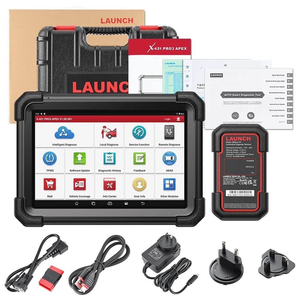 Pachetul complet Launch X431 PRO3 APEX: tabletă, interfață DBScar VII, cabluri, alimentator și valiză
